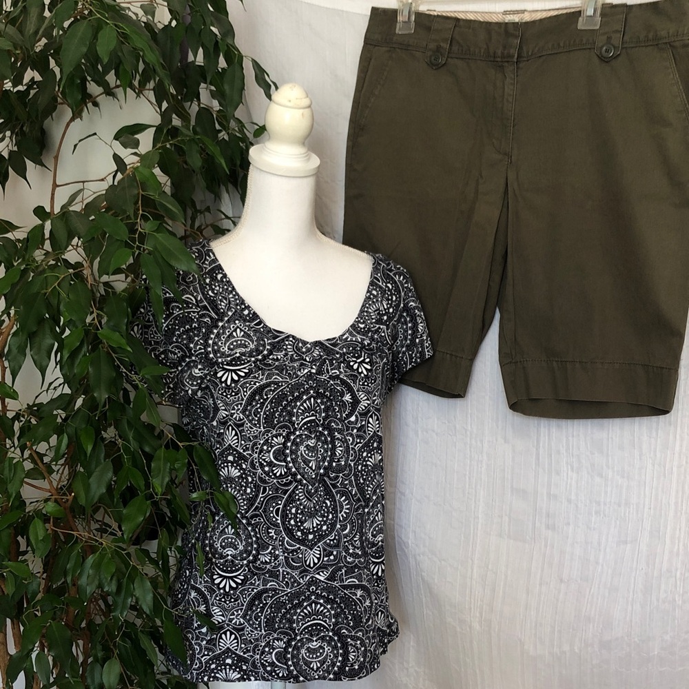 LOFT olive green Size 12 cargo shorts & sz M navy paisley short sleeve top